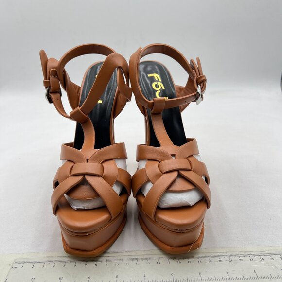 FSJ Brown Strappy Platform Sandals Peep Toe Stiletto Heels T-strap Dress Shoes - Picture 3 of 8